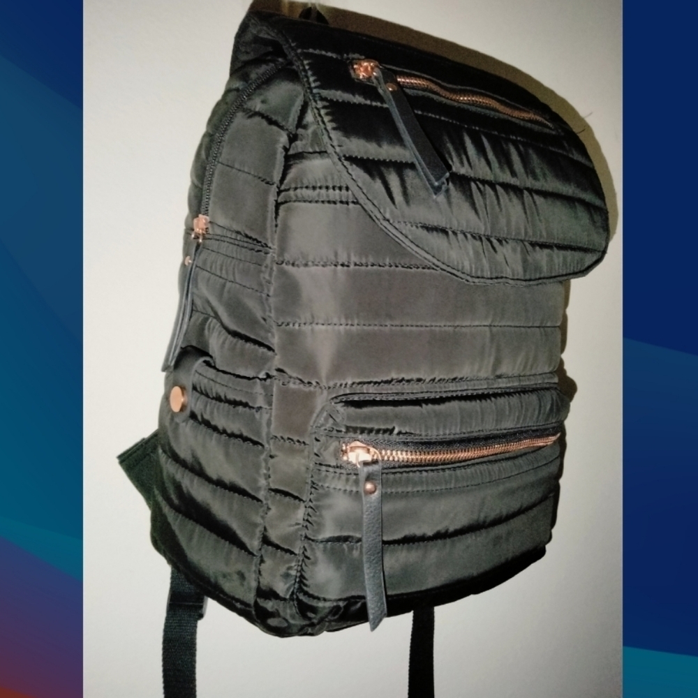 Black & Rose Gold Accent (Designer Inspired) Puffer Travel/Work/School Backpack - Picture 3 of 16